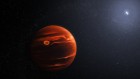 A sandstorm swirls through the skies of a distant gas giant